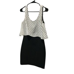 Soprano Womens Black Dress White Polka‎ Dot Overlay Sleeveless Party S